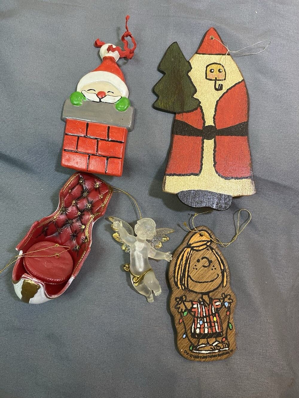 Lot Of 5 Vintage Christmas Ornaments Santa Peanuts Angel Chimney Sleight